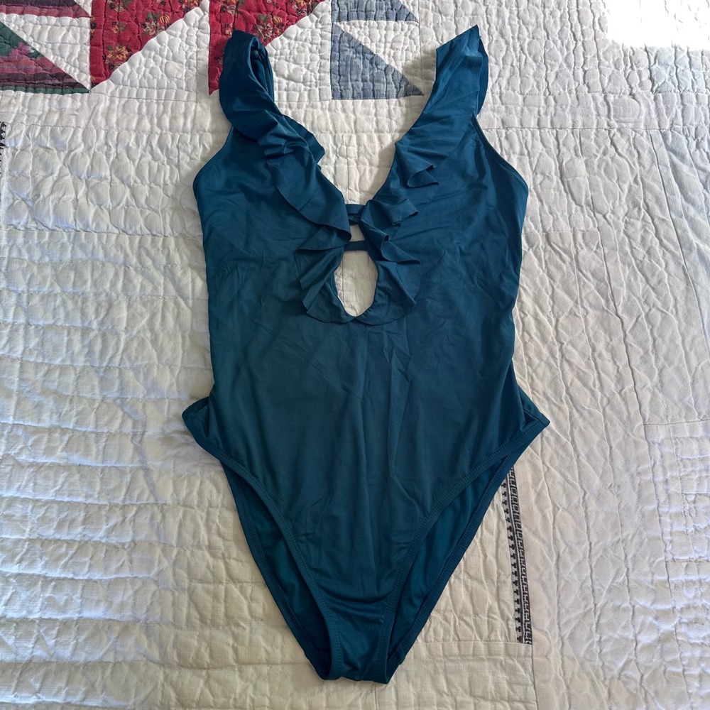 Shade & Shore One Piece Swimsuit Teal‎ Ruffle Cutout Strappy Back Medium